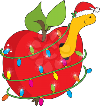 A cute, smiling apple worm wearing a Christmas hat, pokes his head out of an apple, wrapped round with Christmas lights.