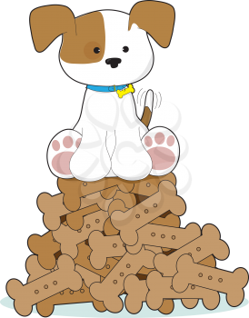 A cute puppy with a blue collar and wagging tail, is sitting atop a pile of dog biscuits.