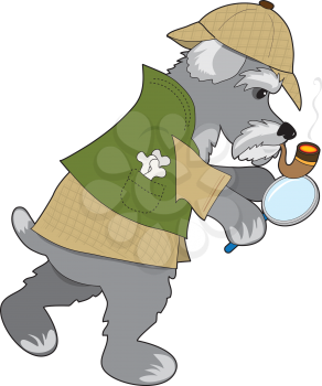 A Schnauzer dressed as a type Sherlock Holmes character is holding a magnifying glass and is looking for a clue