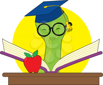 Green bookworm with a mortar cap reading a book on a desk with an apple.