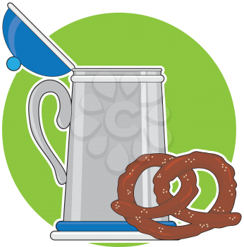 A beer stein and a salted pretzel, sitting on a green background.