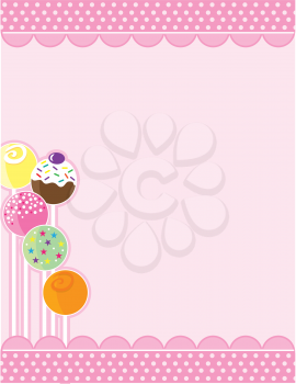 A pink background with top and bottom decorative borders. A stand of candy pops embellishes the left margin.