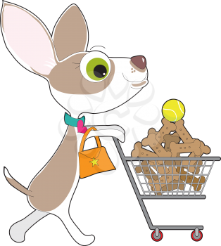 A Chihuahua, complete with dress collar and purse, is out supermarket shopping. In her cart is a stack of dog biscuits, with a single tennis ball on top.