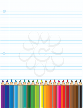 A background of a typical loose leaf, school notebook page, with a bank of colored pencils across the bottom of the page.