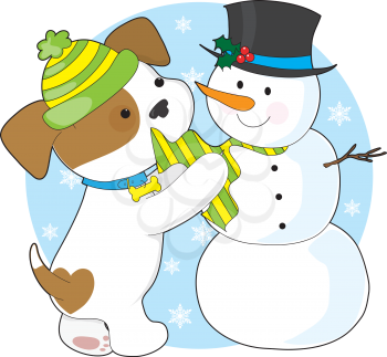 A cute puppy with a striped toque, plays with a snowman with a top-hat and striped scarf.