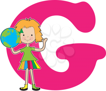 A young girl holding a globe to stand for the letter G