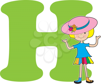 A young girl wearing a big hat to stand for the letter H
