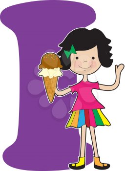 A young girl holding an ice cream cone to stand for the letter I