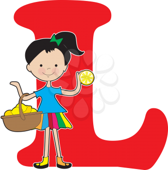 A young girl holding a basket of lemons to stand for the letter L