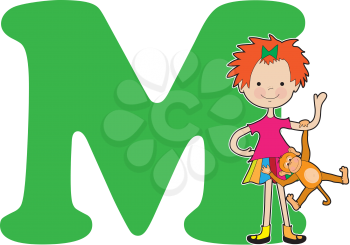 A young girl holding a monkey to stand for the letter M