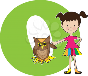 A young girl holding the wing of an owl to stand for the letter O