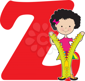 A young girl holding a zipper to stand for the letter Z