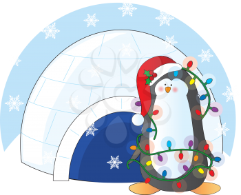A penguin adorned with Chritmas lights and wearing a Christmas toque, stands in front of an igloo with snow flakes in the air.