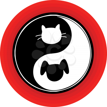 An atypical yin yang symbol inside a red circle, with a cat and dog engaged in the endless chase.