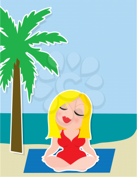 A blonde lady in a red swimsuit, is sitting cross legged while practicing her yoga, on the beach under a palm tree.