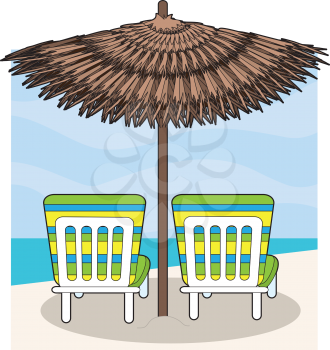 Royalty Free Clipart Image of Lawn Chairs Under a Beach Umbrella