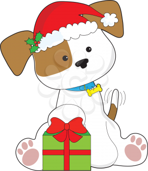 Royalty Free Clipart Image of a Puppy With a Christmas Present