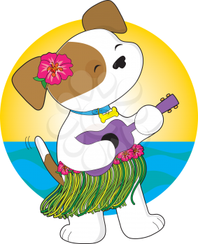 Royalty Free Clipart Image of a Dog in a Grass Skirt Playing a Ukulele