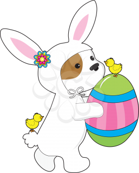 A cute puppy in a bunny suit, followed by a couple of little chicks, holds a giant painted Easter egg.