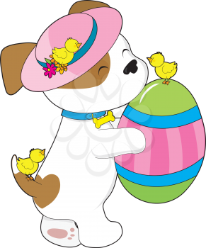 A cute puppy wearing an Easter hat, holds a giant painted egg while three little chicks twitter about.