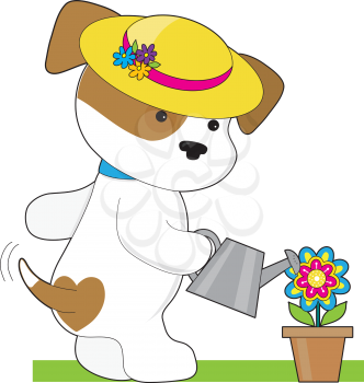 A cute little puppy wearing a bright yellow hat, waters a potted flower with tail wagging.
