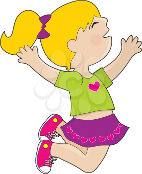 A young girl is jumping for joy. She has a ponytail and is dressed in a skirt withhearts on it