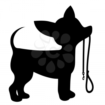 A cartoon black silhouette of a Chihuahua with a leash in its mouth