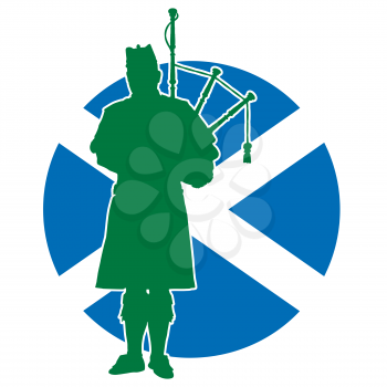 A silhouette of a Scottish piper playing the bagpipes. The Scottish flag is in the background
