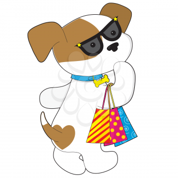 A cute brown and white female dog wearing sunglasses and carrying three shopping bags