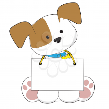 A sweet little puppy sitting with a blank sign around its neck. There is room to add your own text.