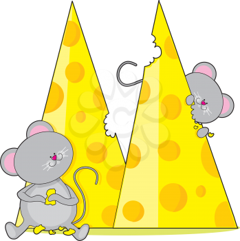 Two mice eating some swiss cheese.  The cheese is shaped like the letter M
