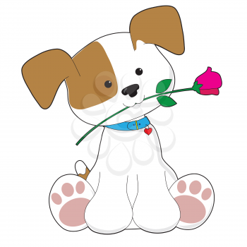 An adorable brown and white puppy is holding a pink rose in its mouth