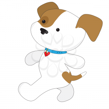 A brown and white cute puppy with a heart on its bum is gong for a walk. She is wearing a collar with a heart on it