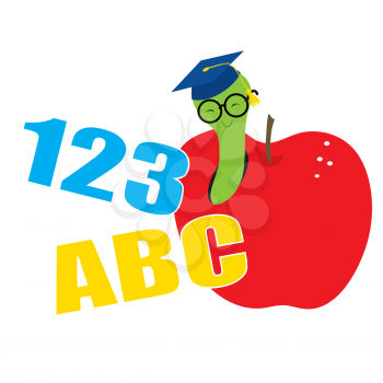 A worm wearing a mortar board and glasses is peeking out of an apple  Numbers and letters are included in the design