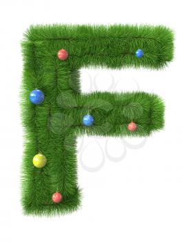 F letter made of christmas tree branches isolated on white background