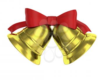 Two Christmas bells tied with red ribbon isolated on white background