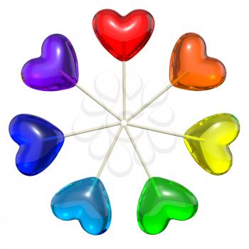 Seven heart shaped lollipops colored as rainbow, isolated on white background