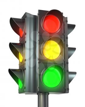 Four sided traffic light with red, yellow and green lights isolated on white background