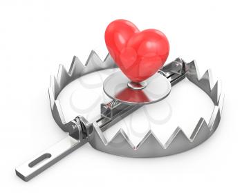 Red heart in a bear trap, isolated on white background