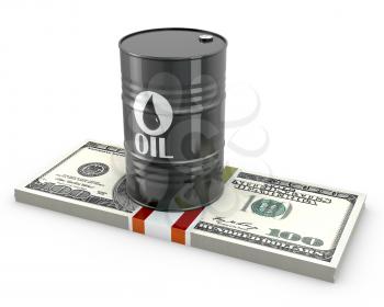 Barrel of oil on a pack of dollars, isolated on white background