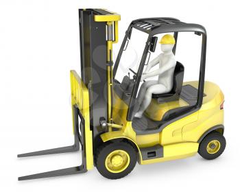 Abstract white man in a fork lift truck, isolated on white background