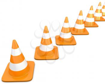 Diagonal line of traffic cones, isolated on white background