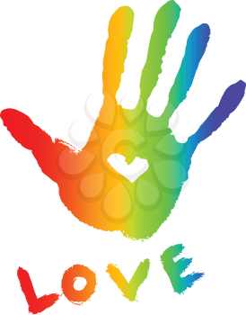 bright colorful handprint with love symbol and ''love'' word