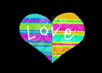 Abstract multicolored striped love symbol and word Love on black