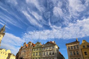 Row houses on blue sky background in Prague (Stare mesto), Czech Republic