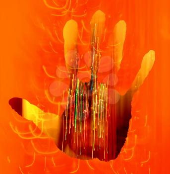 Abstract shape of hand on bright orange background