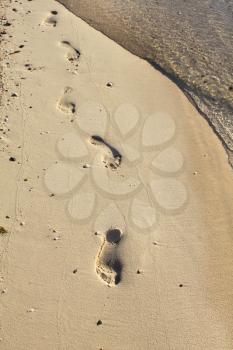 Nature background with transparent sea water and footprints in the sand at the beach