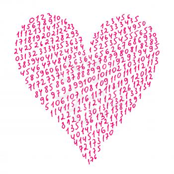 Abstract pink heart on white background with pattern from numbers, hand drawn