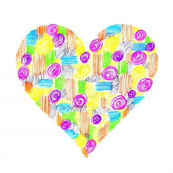 Abstract heart with colorful hand drawn pattern on white background