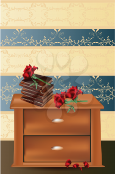 Royalty Free Clipart Image of a Nightstand With Books and Roses